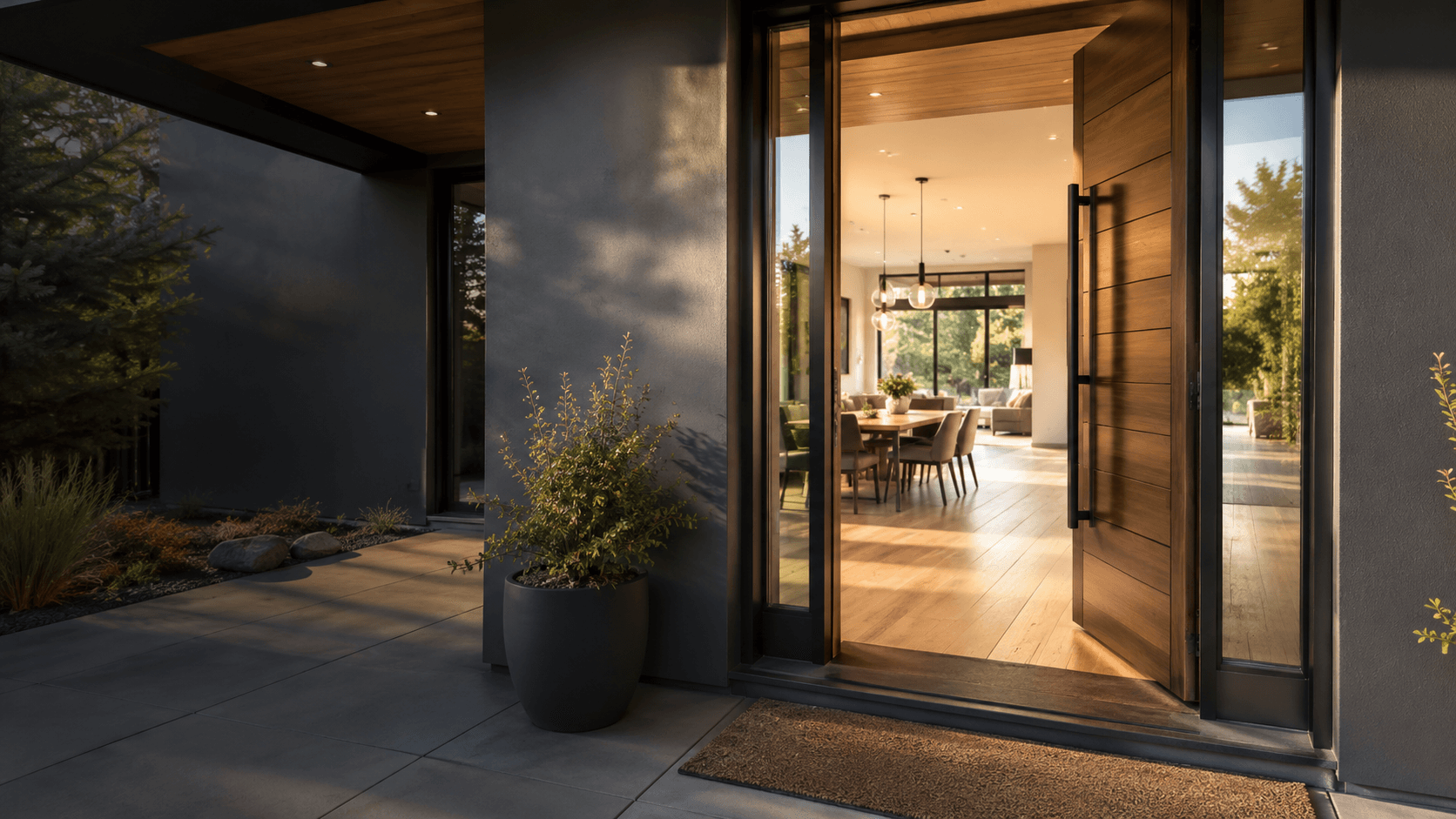 A bright modern home entrance with an open front door and warm natural light