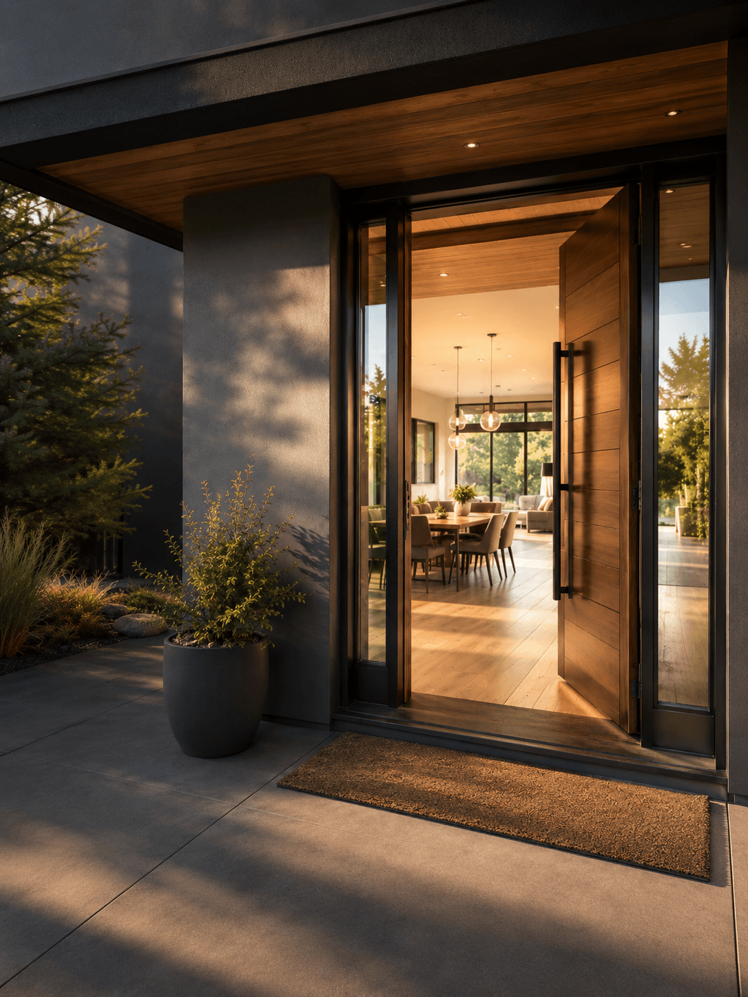 A bright modern home entrance with an open front door and warm natural light