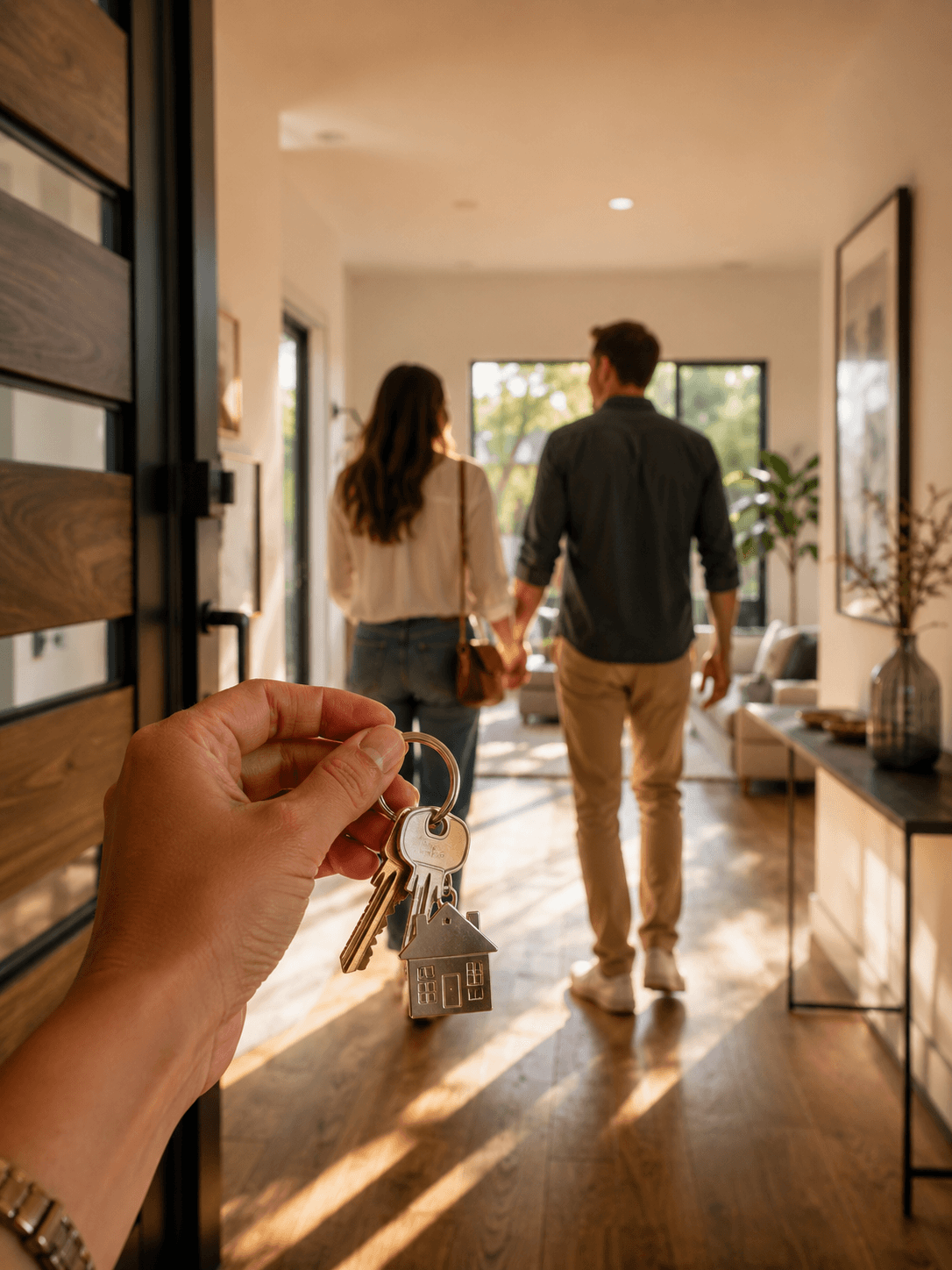 A hand holding a house-shaped keychain with keys