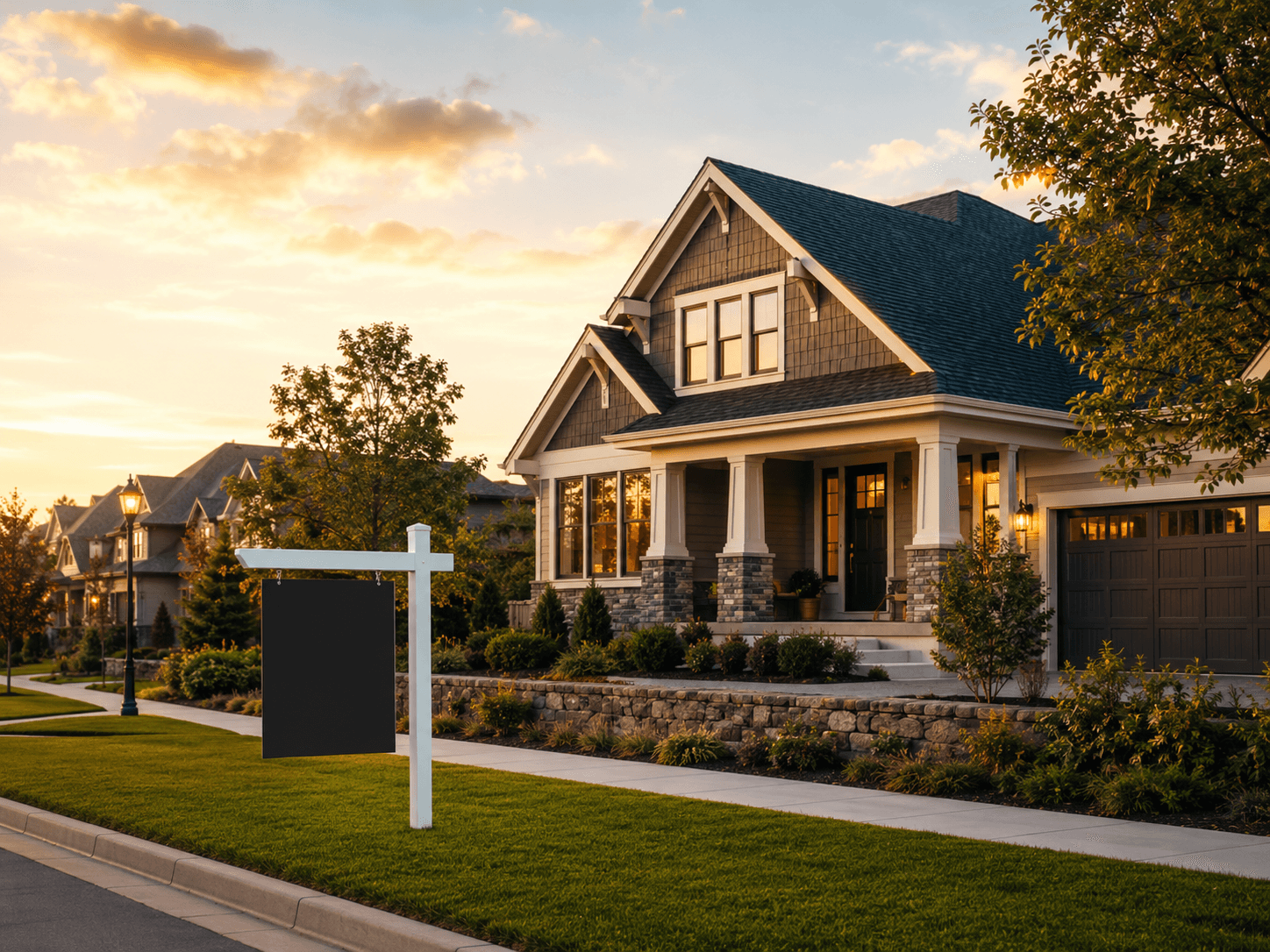 A modern home with a for-sale sign in the front yard at dusk