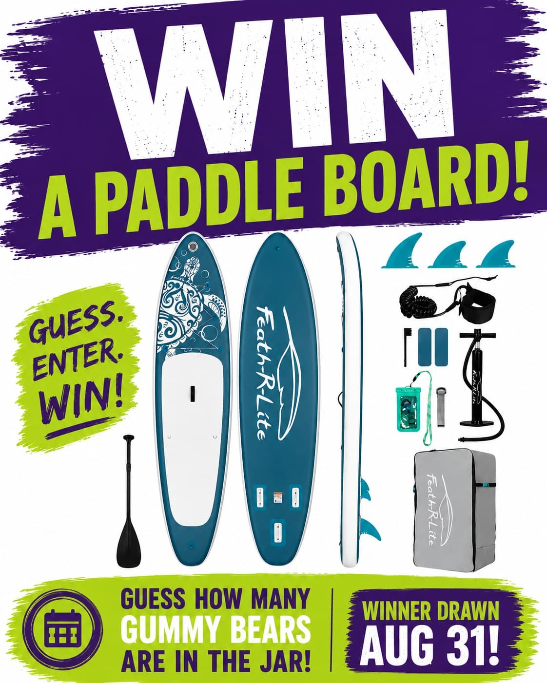 Win a paddleboard: guess how many gummy bears are in the jar. Winner drawn August 31.